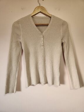 Y2K Oatmeal Ribbed Henley Longsleeve  Top 90s Style Size M EUC Neutral Basic